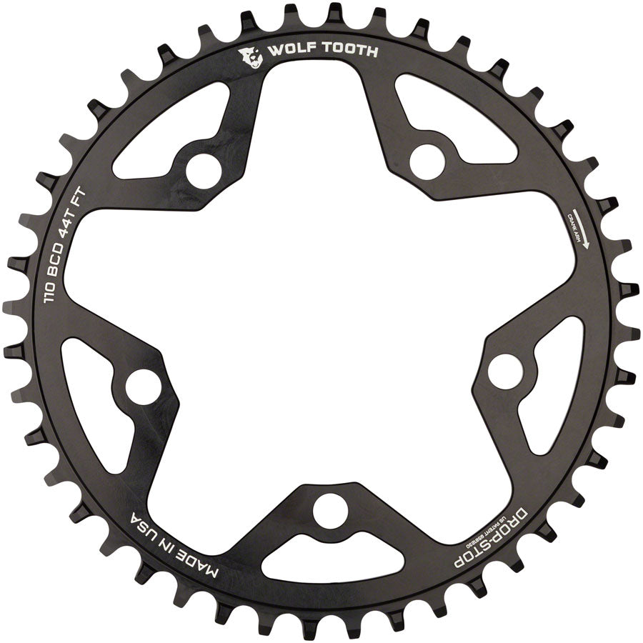 Wolf Tooth 110 BCD Cyclocross Road Chainring - 44t 110 BCD 5-Bolt Drop-Stop 10/11/12-Speed Eagle Flattop Compatible BLK