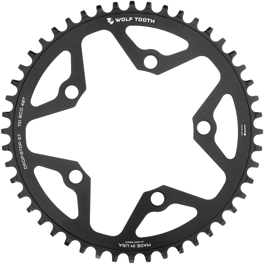 Wolf Tooth 110 BCD Gravel CX Road Chainring - 46t 110 BCD 5-Bolt Drop-Stop ST For Shimano HG+ KMC 12-Speed Chains BLK - The Bike Hub