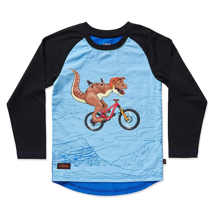 Kids Ride Shotgun Windproof Kids MTB Jersey Dino YXXS Blue & Black - The Bike Hub