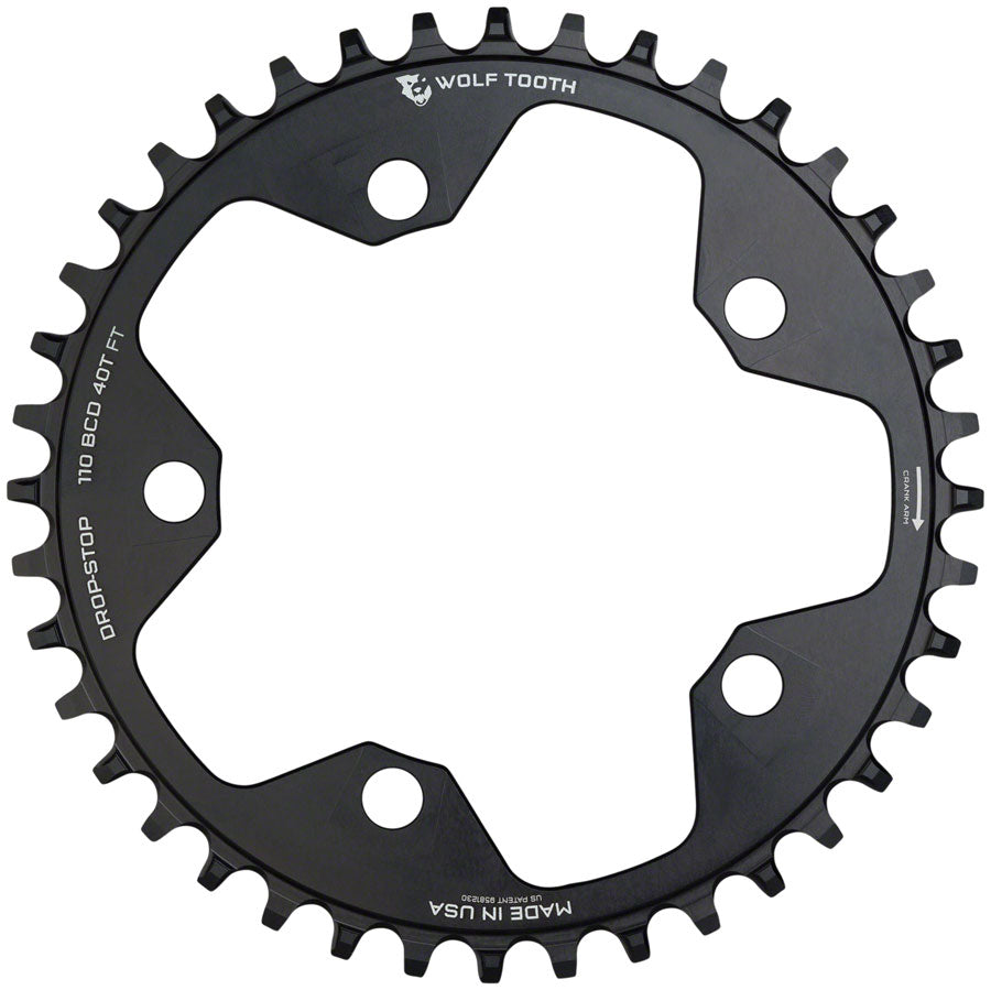 Wolf Tooth 110 BCD Cyclocross Road Chainring - 38t 110 BCD 5-Bolt Drop-Stop 10/11/12-Speed Eagle Flattop Compatible BLK
