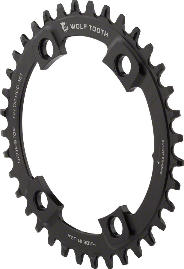 Wolf Tooth Shimano 110 Asymmetric BCD Chainring - 36t 110 Asymmetric BCD 4-Bolt Drop-Stop For Shimano Cranks BLK