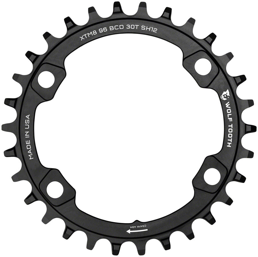 Wolf Tooth 96 BCD Chainring - 30t 96 Asymmetric BCD 4-Bolt For Shimano M8000/M7000 Cranks Requires 12-Speed Hyperglide+ Chain BLK