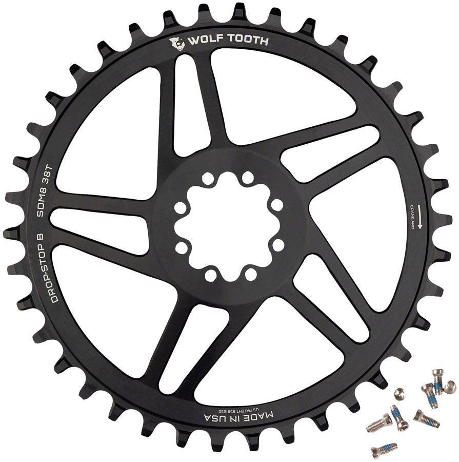 Wolf Tooth Direct Mount Chainring - 38t SRAM Direct Mount Drop-Stop B For SRAM 8-Bolt Cranksets 6mm Offset BLK