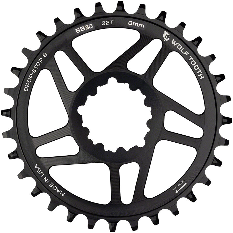 Wolf Tooth Direct Mount Chainring - 32t SRAM Direct Mount Drop-Stop B For BB30 Short Spindle Cranksets 0mm Offset BLK