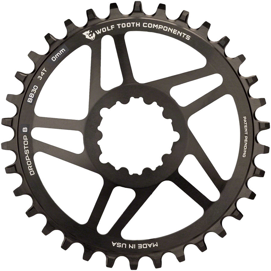 Wolf Tooth Direct Mount Chainring - 34t SRAM Direct Mount Drop-Stop B For BB30 Short Spindle Cranksets 0mm Offset BLK