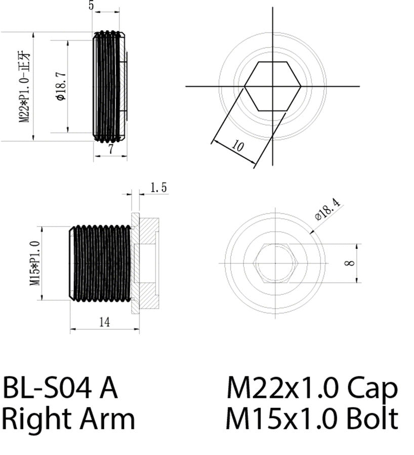 Samox ISIS Self-Extracting Right Hand eBike Crank Spindle Bolt - M15x1mm 14mm Long M22x1mm Cap BLK