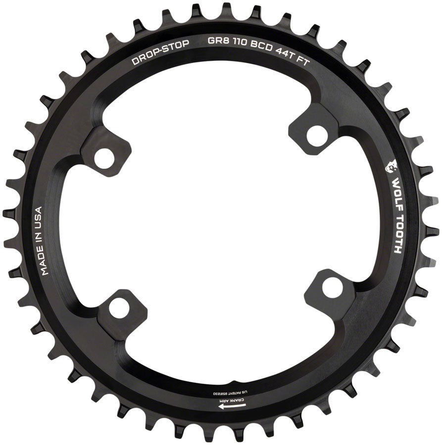 Wolf Tooth Shimano 110 Asymmetric BCD Chainring - 36t 110 Asymmetric BCD 4-Bolt Drop-Stop Flattop For Shimano GRX Cranks BLK