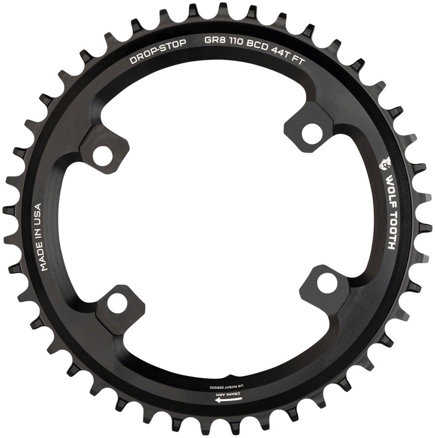 Wolf Tooth Shimano 110 Asymmetric BCD Chainring - 44t 110 Asymmetric BCD 4-Bolt Drop-Stop Flattop For Shimano GRX Cranks BLK - The Bike Hub