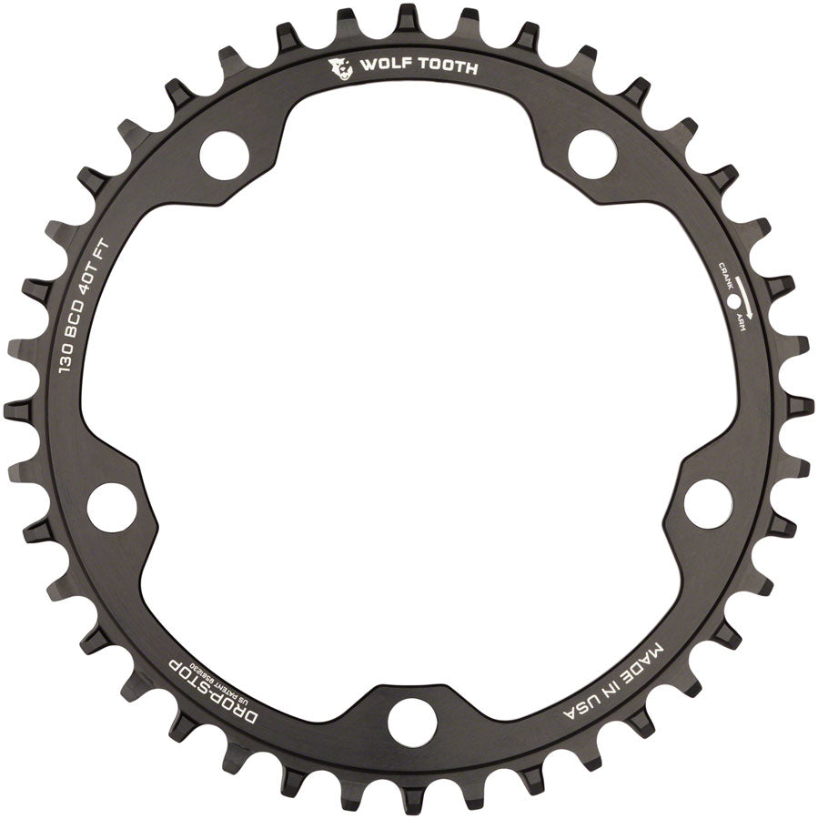Wolf Tooth 130 BCD Road Cyclocross Chainring - 40t 130 BCD 5-Bolt Drop-Stop 10/11/12-Speed Eagle Flattop Compatible BLK