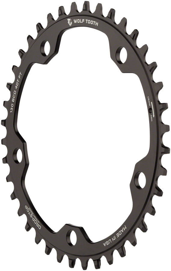 Wolf Tooth 130 BCD Road Cyclocross Chainring - 40t 130 BCD 5-Bolt Drop-Stop 10/11/12-Speed Eagle Flattop Compatible BLK