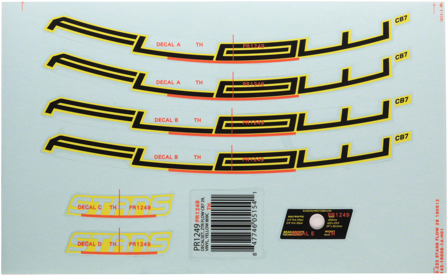 Stans No Tubes Flow CB7 Rim Decal - 29&quot; Yellow Set