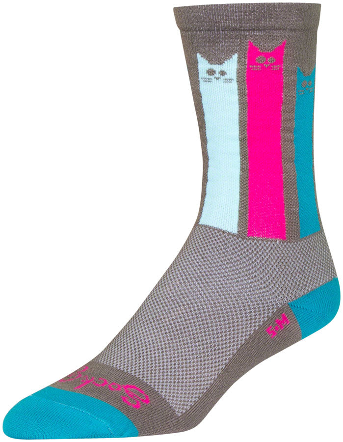 SockGuy Crew Felines Socks - 6 inch Gray/Pink/Teal Large/X-Large