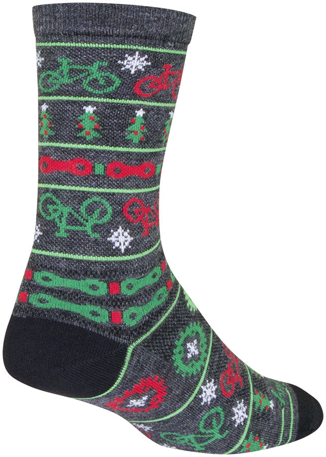 SockGuy Wool Ride Merry Crew Socks - 6&quot; Gray/Red/Green Large/X-Large