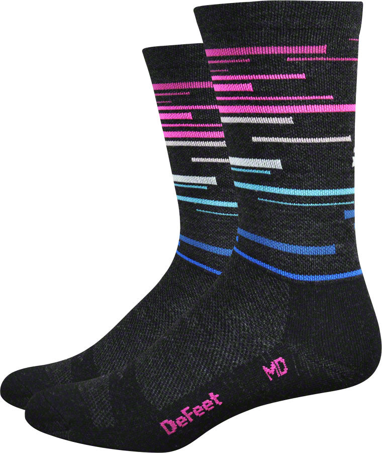 DeFeet Socks Wooleator 6&quot; Charcoal w/ blue and pink XL