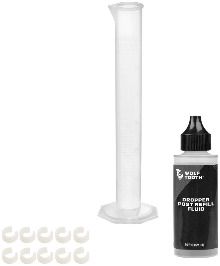 Wolf Tooth Resolve Dropper Post Service Kit - Refill Fluid 2oz Graduated Cylinder 10 Travel Adjustment Spacers