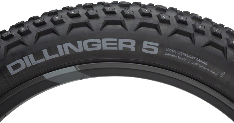 45NRTH Dillinger 5 Tire - 27.5 x 4.5 Tubeless Folding BLK 120 TPI 252 Concave Carbide Aluminum Studs